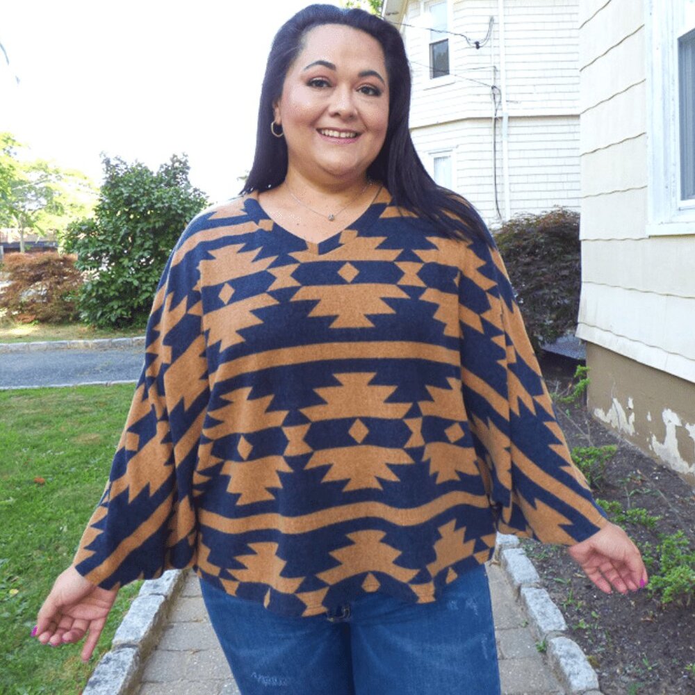 Ethnic Print Dolman Sleeve Plus Size Poncho
